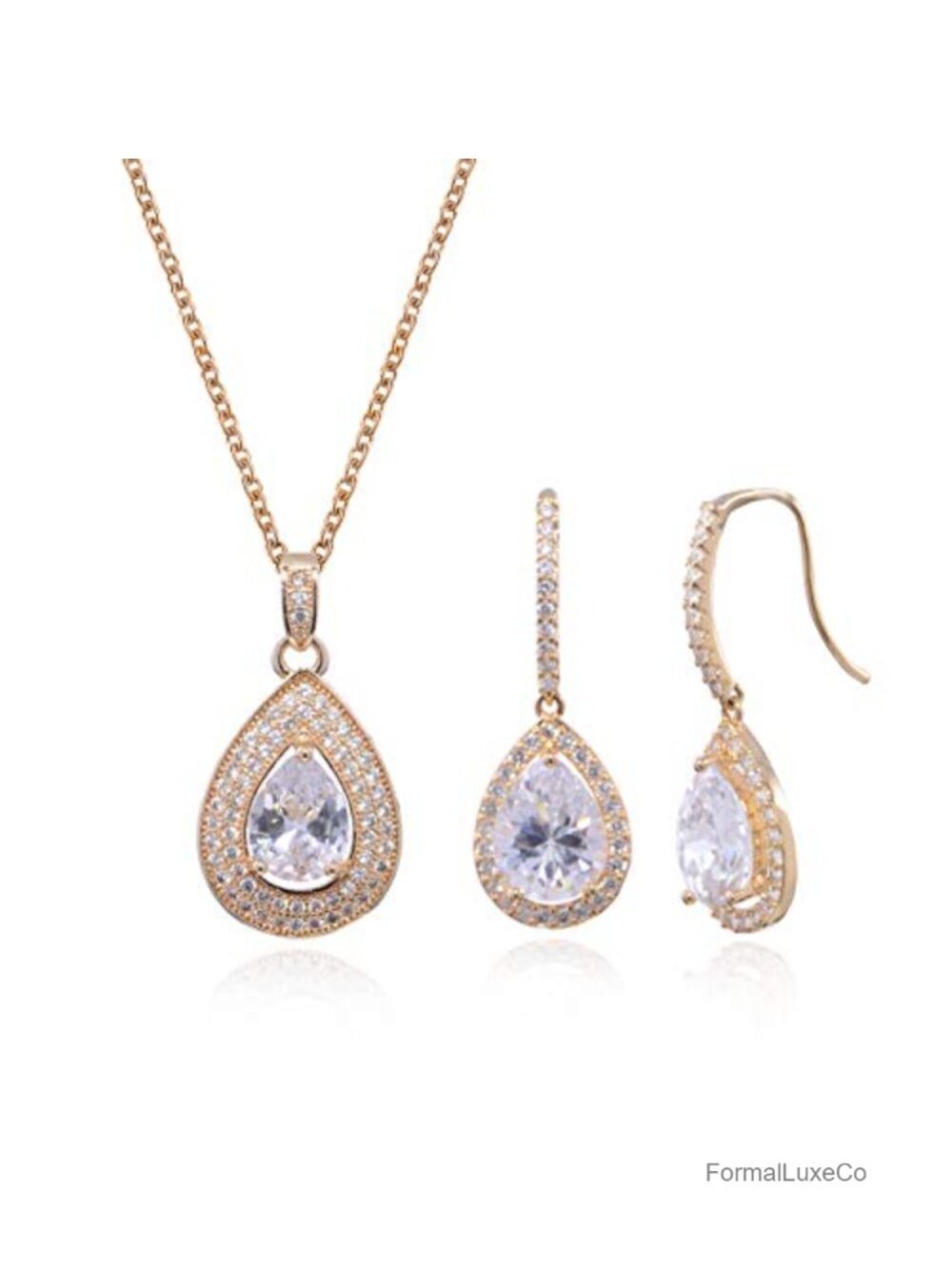 Crystal Teardrop Bridal Jewelry Set 18k Gold Plated Cubic Zirconia Necklace